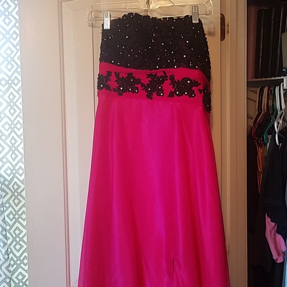 Pink and Black Strapless Prom Dress
